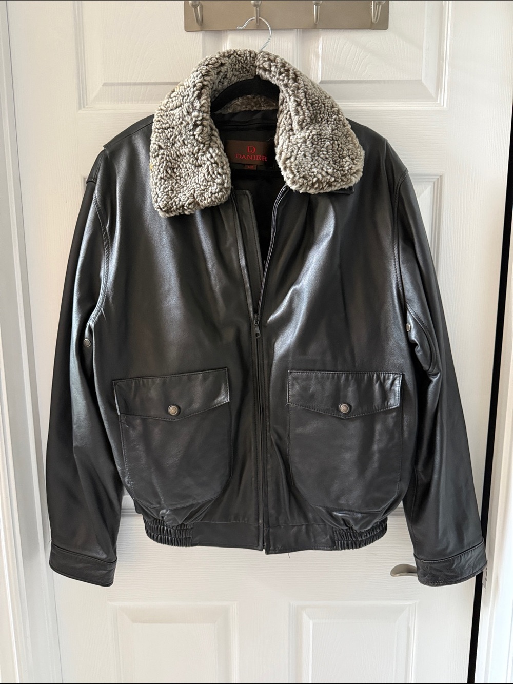 Danier Black Leather Bomber Jacket with Cream Shearling Collar